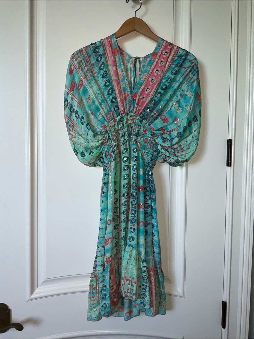 Smocked Teal and Pink Printed Midi Dress